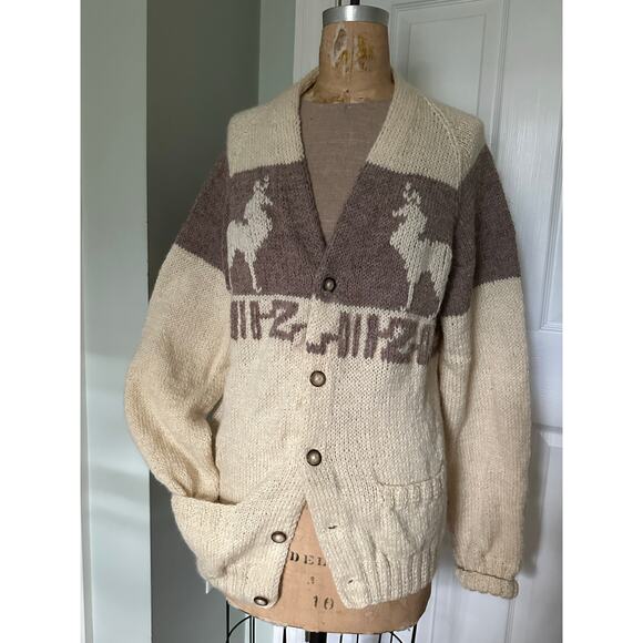 Vintage cowichan cardigan sweater wool Reindeer Tan/Cream/Brown natural undyed - Picture 1 of 9
